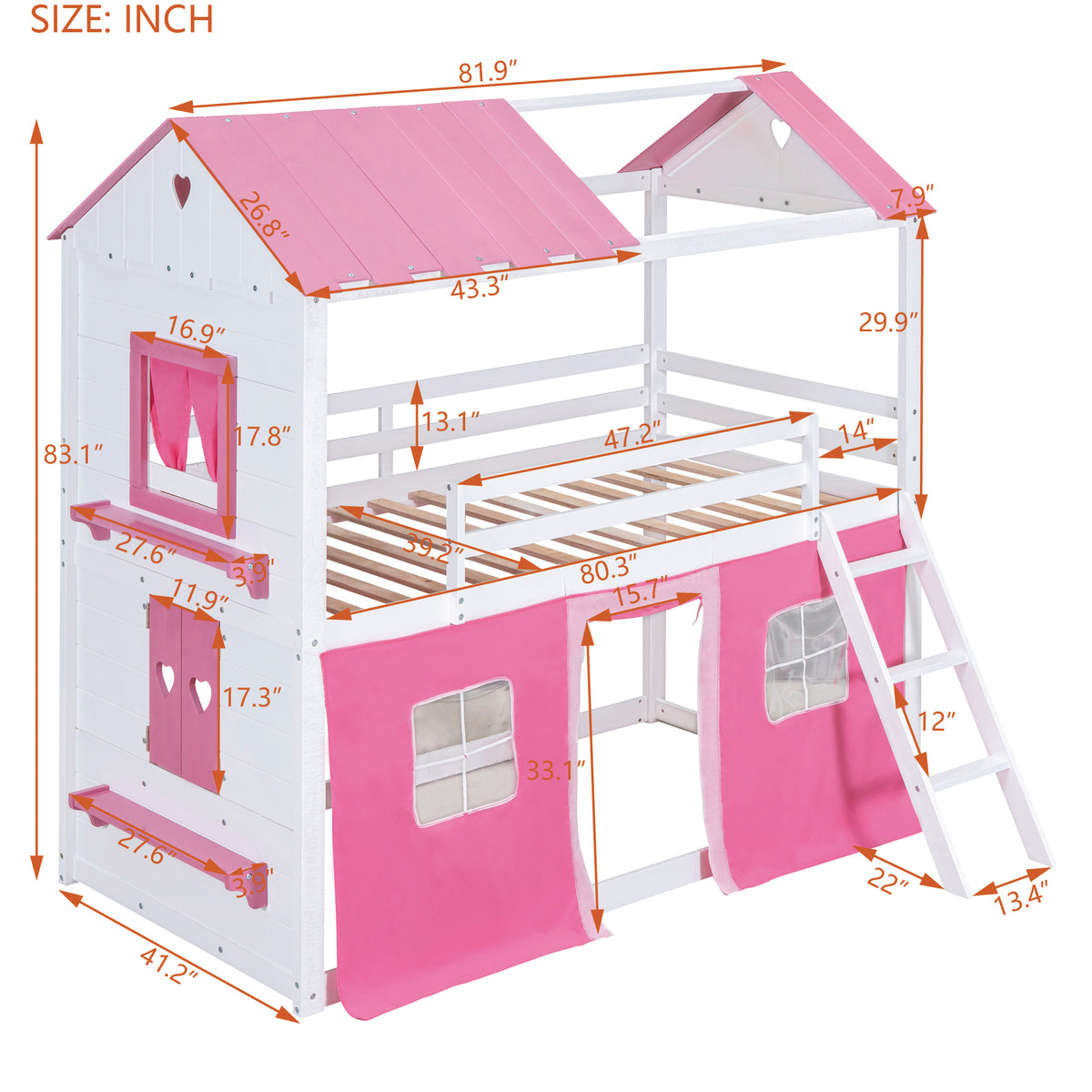 Twin Bunk Bed with Tent Pink White