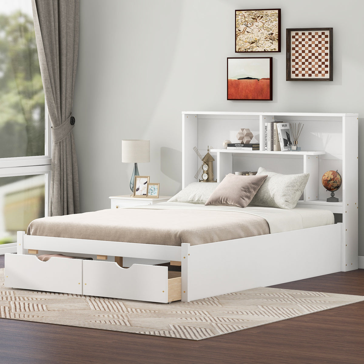 Full Platform Bed with Storage Headboard White