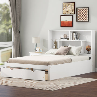 Full Platform Bed with Storage Headboard White