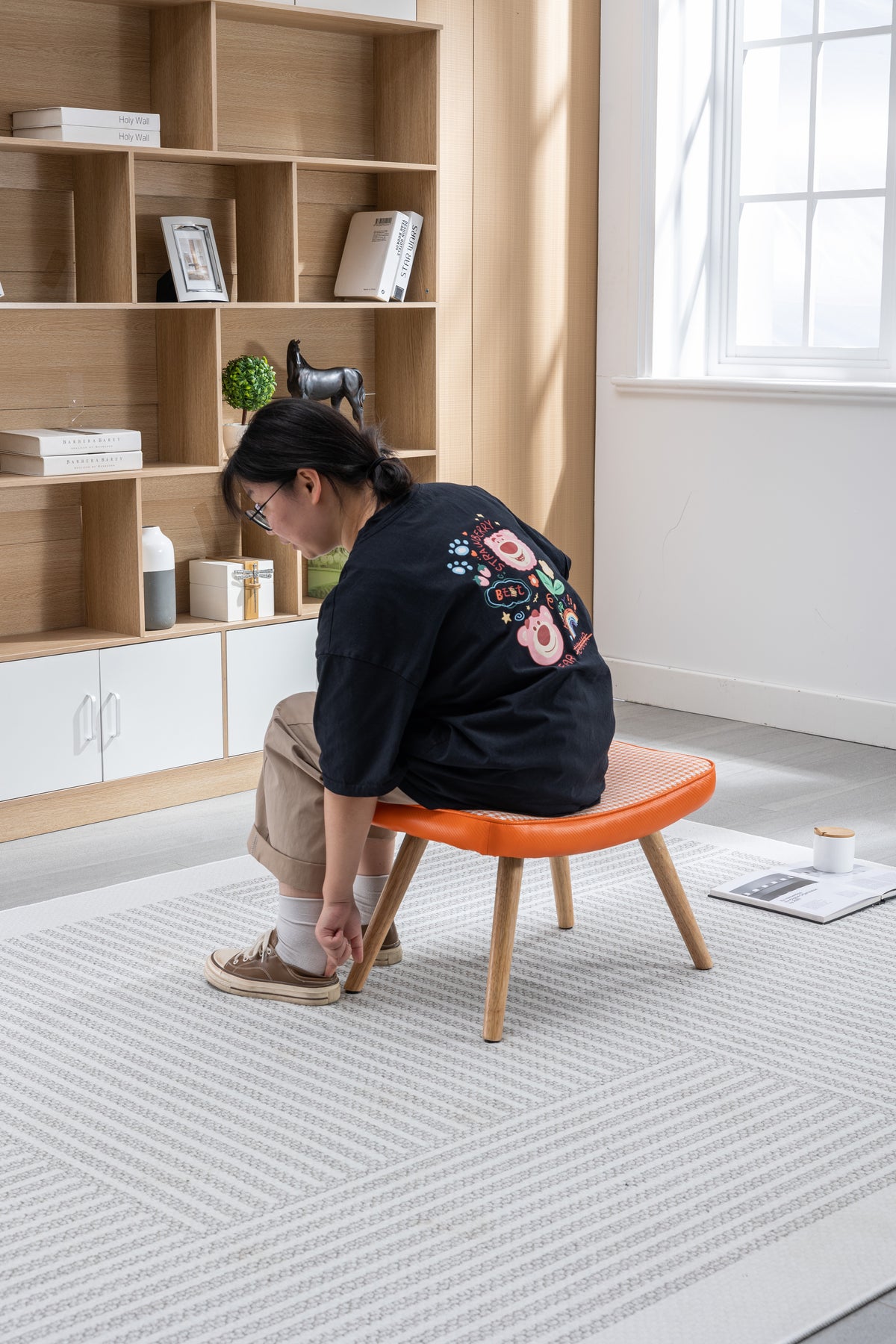 Wooden Step Ottoman with Cushion Orange
