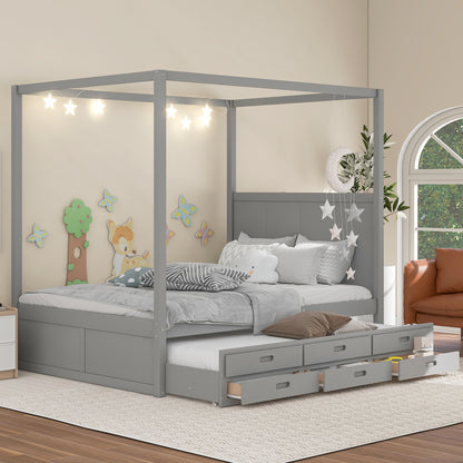 Queen Canopy Platform Bed with Drawers Gray