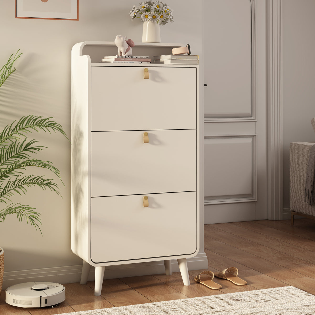 Modern Arc Design Shoe Cabinet White Finish