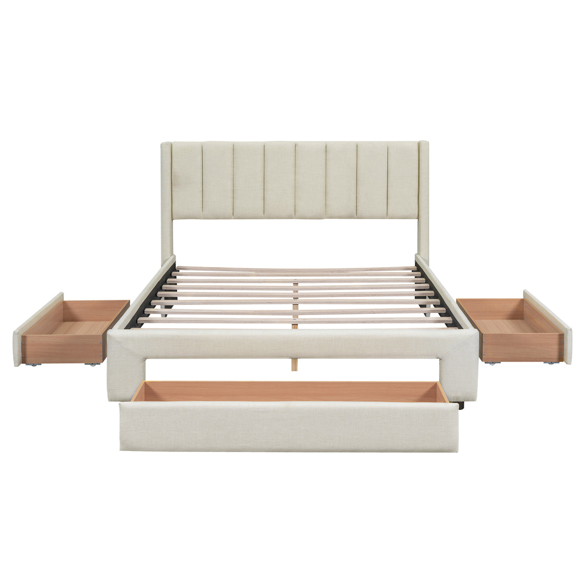 Upholstered Platform Bed with Drawers Beige
