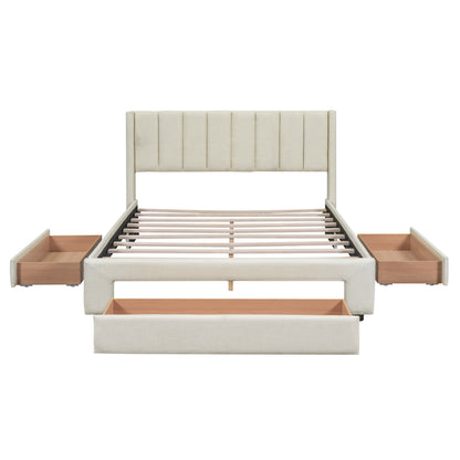Upholstered Platform Bed with Drawers Beige