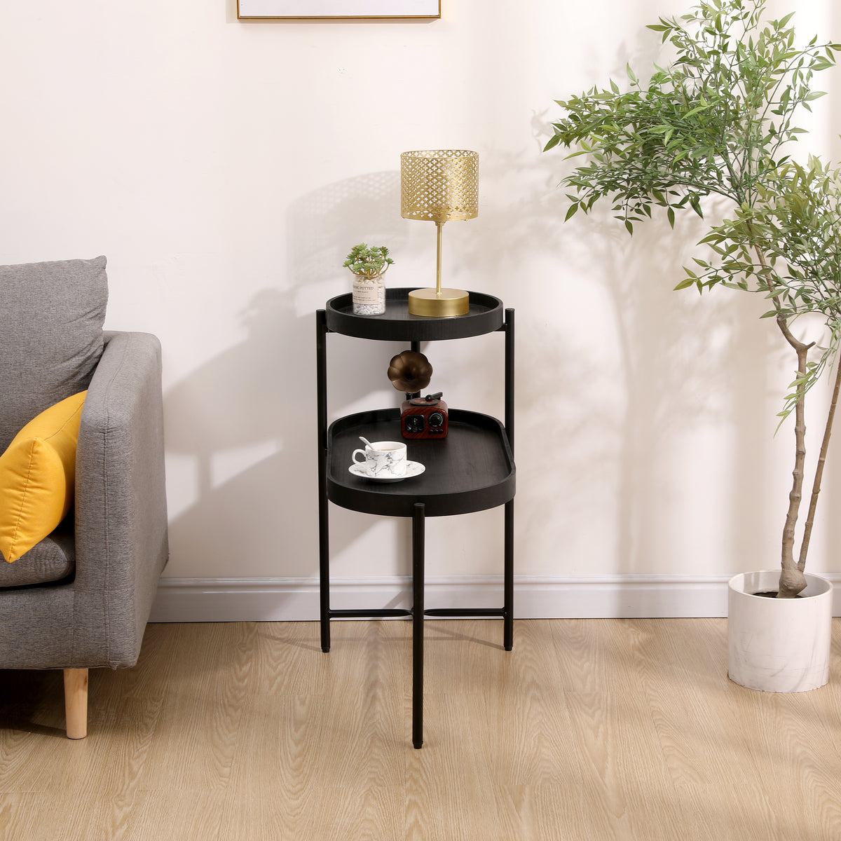 Black End Table with Storage and Metal Frame