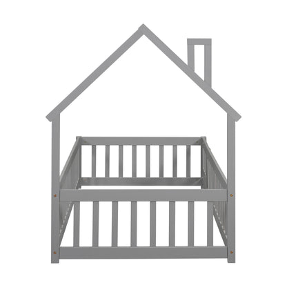 Twin House Bed with Fence Gray