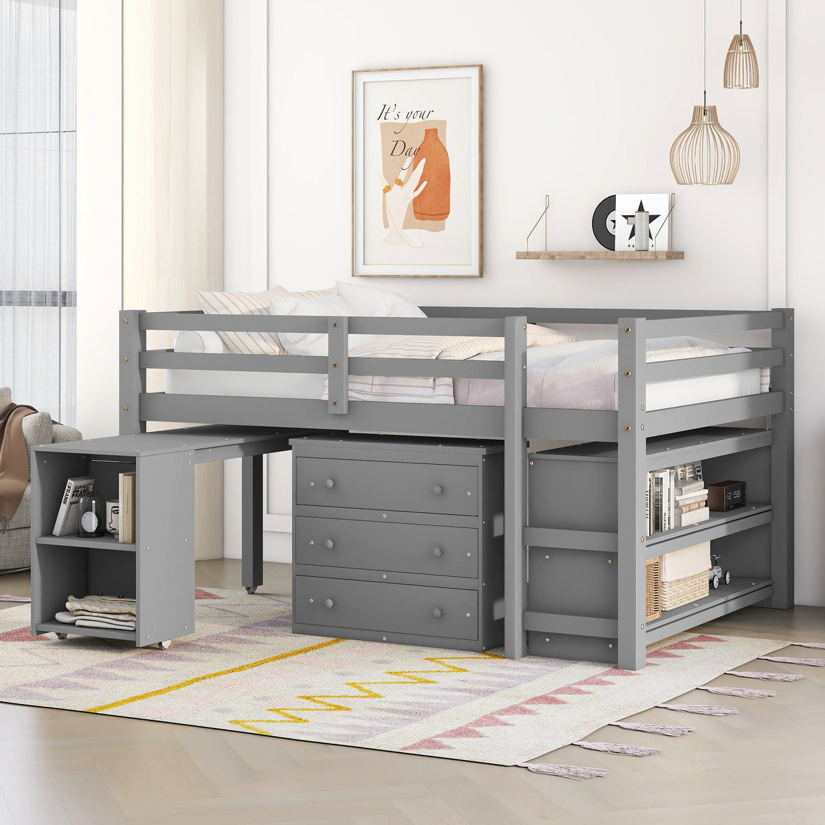 Full Loft Bed with Rolling Desk White