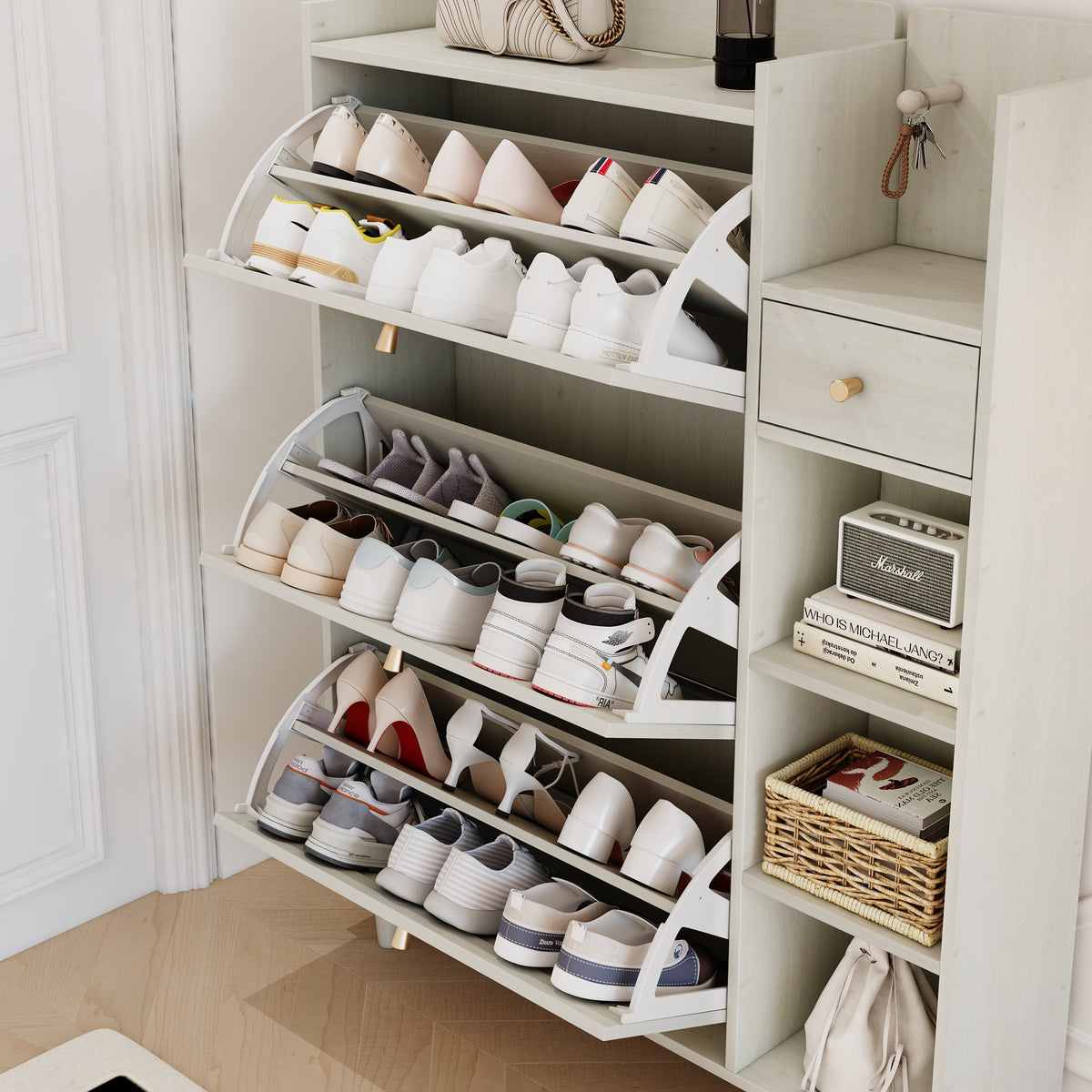 Bohemian Shoe Cabinet with Rattan Shelves White