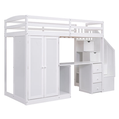 Loft Bed with Wardrobe and Storage Drawers White