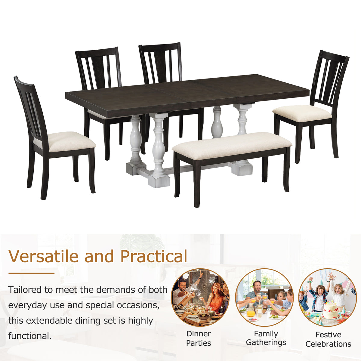 6-Piece Extendable Dining Set Distressed White
