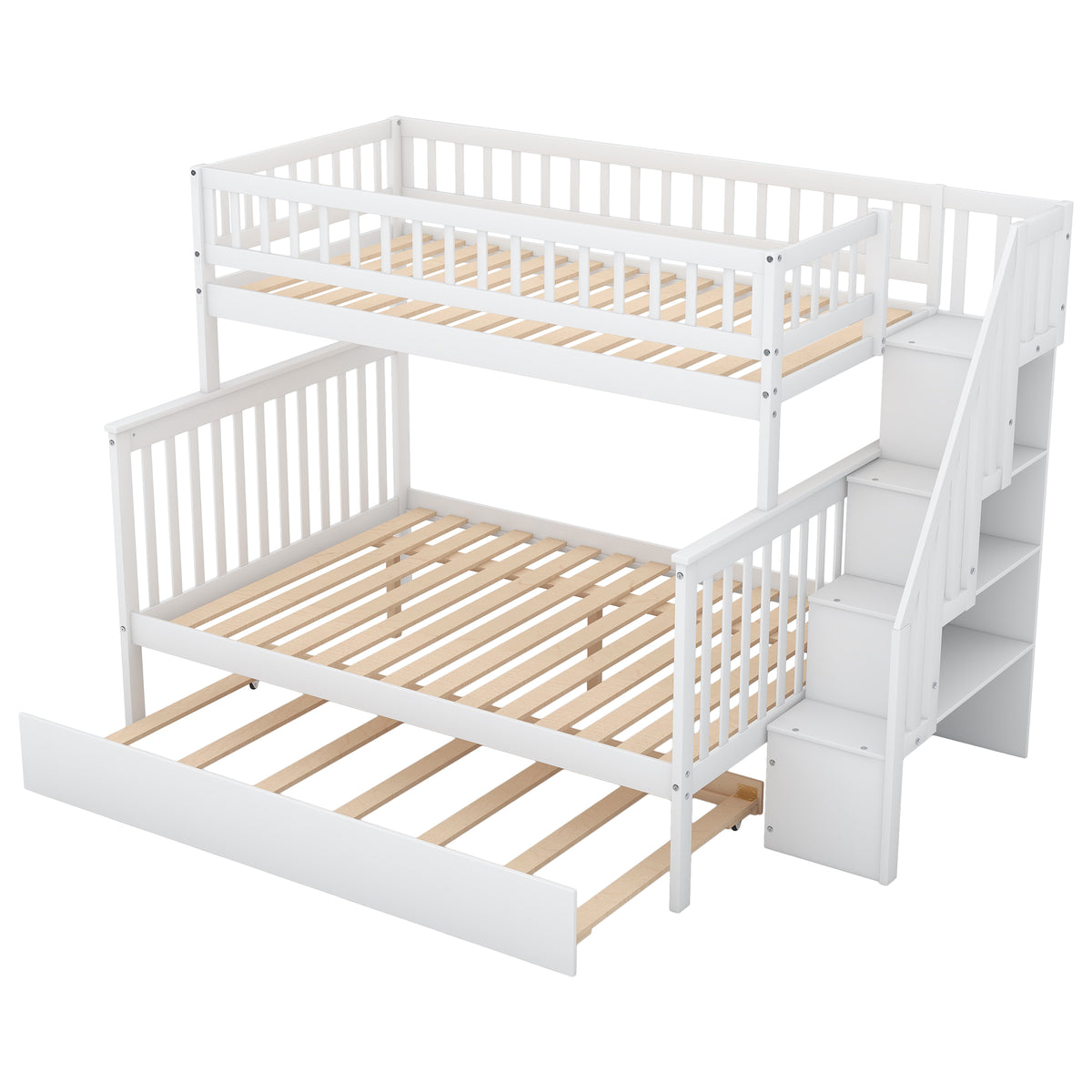 Twin Over Full Bunk Bed with Staircase White