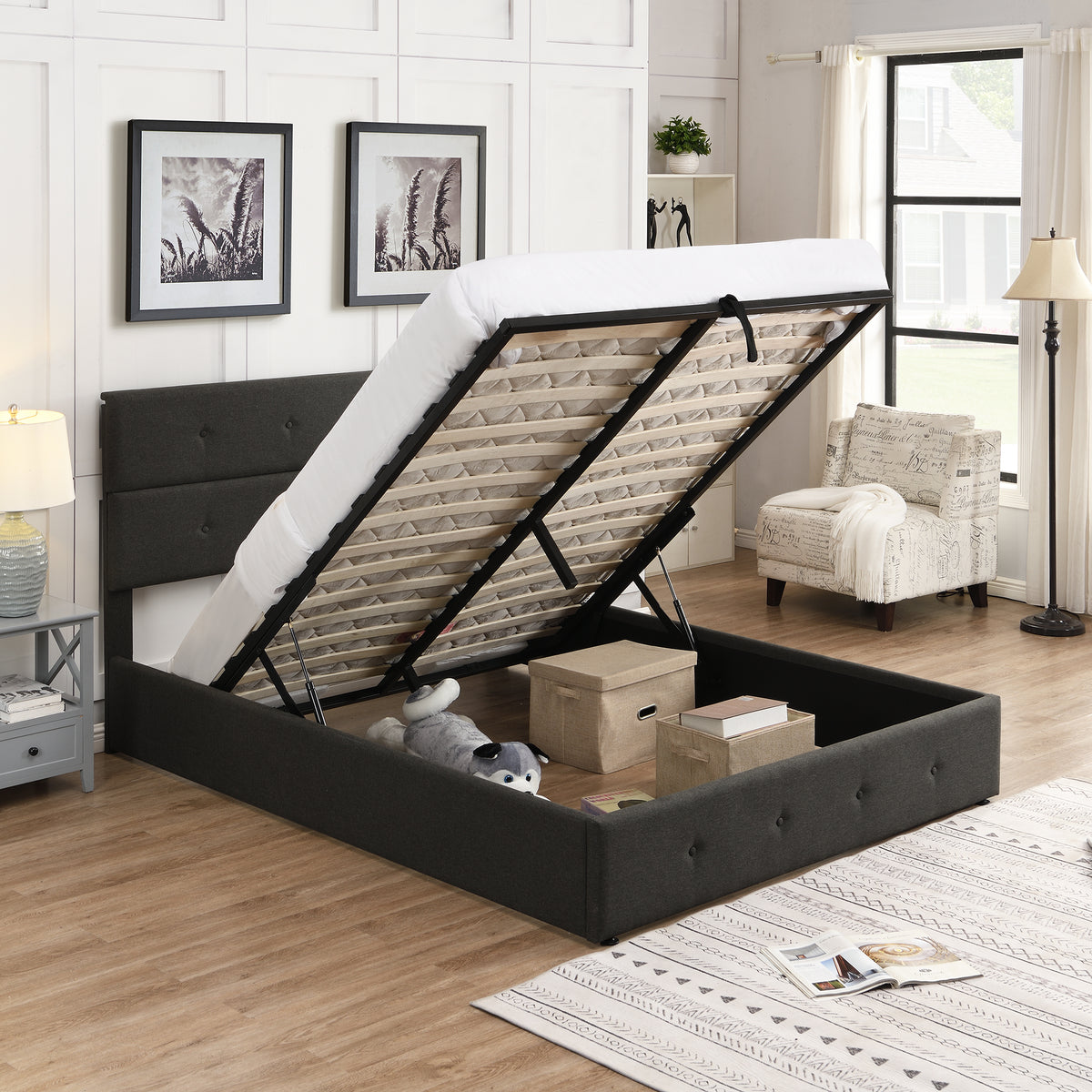 Upholstered Platform Bed with Storage Gray