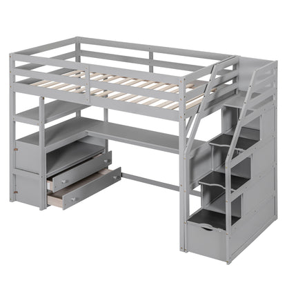 Twin Loft Bed with Storage Gray