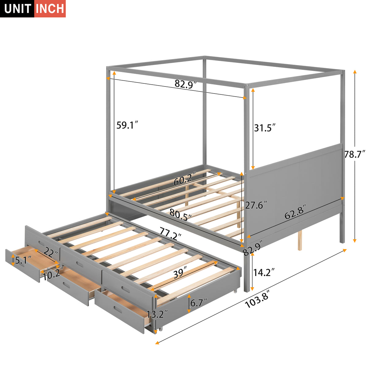 Queen Canopy Platform Bed with Drawers Gray