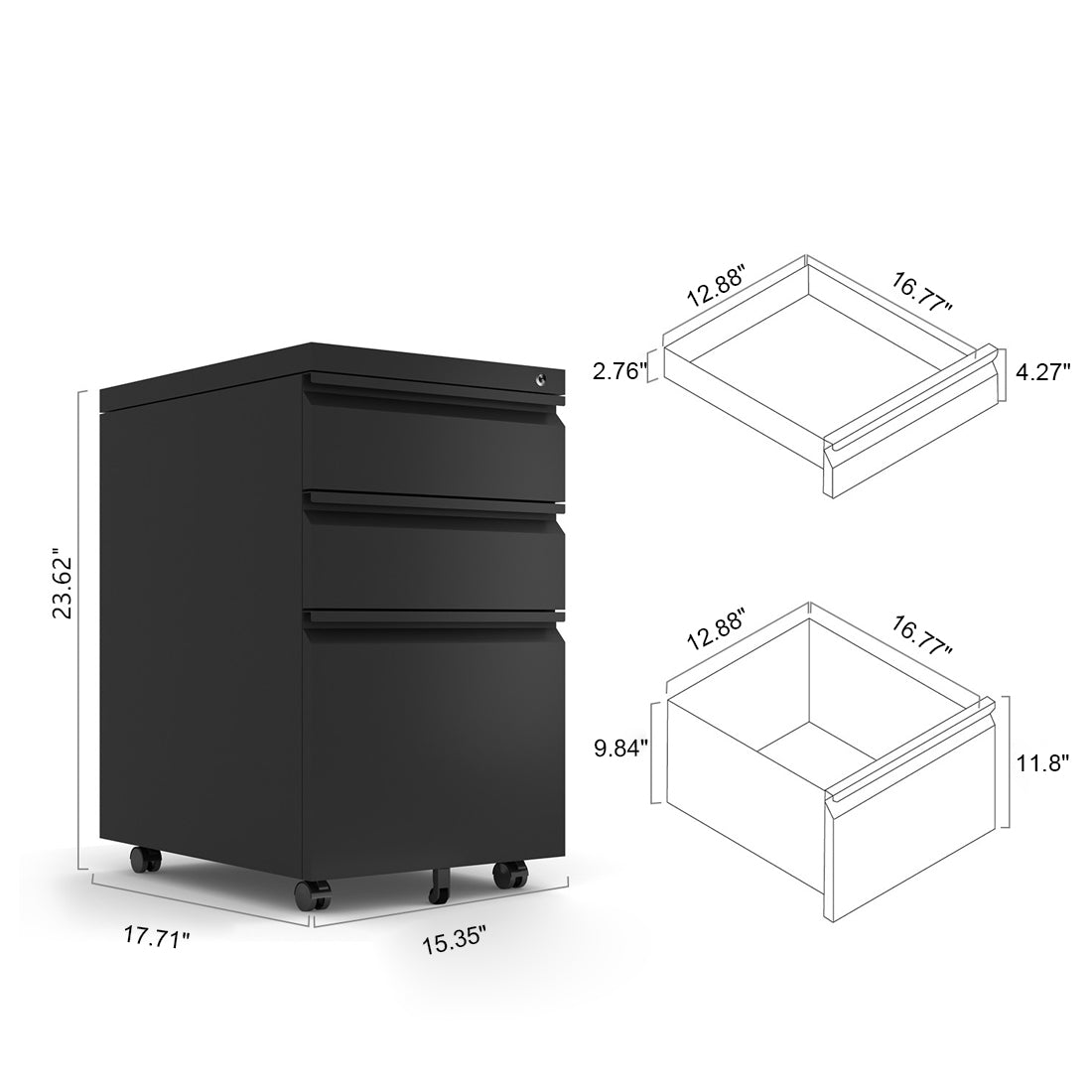 3-Drawer Metal Filing Cabinet with Lock