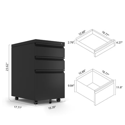 3-Drawer Metal Filing Cabinet with Lock