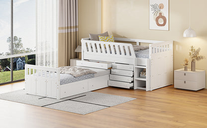 L-Shaped Twin Loft Bed with Storage White