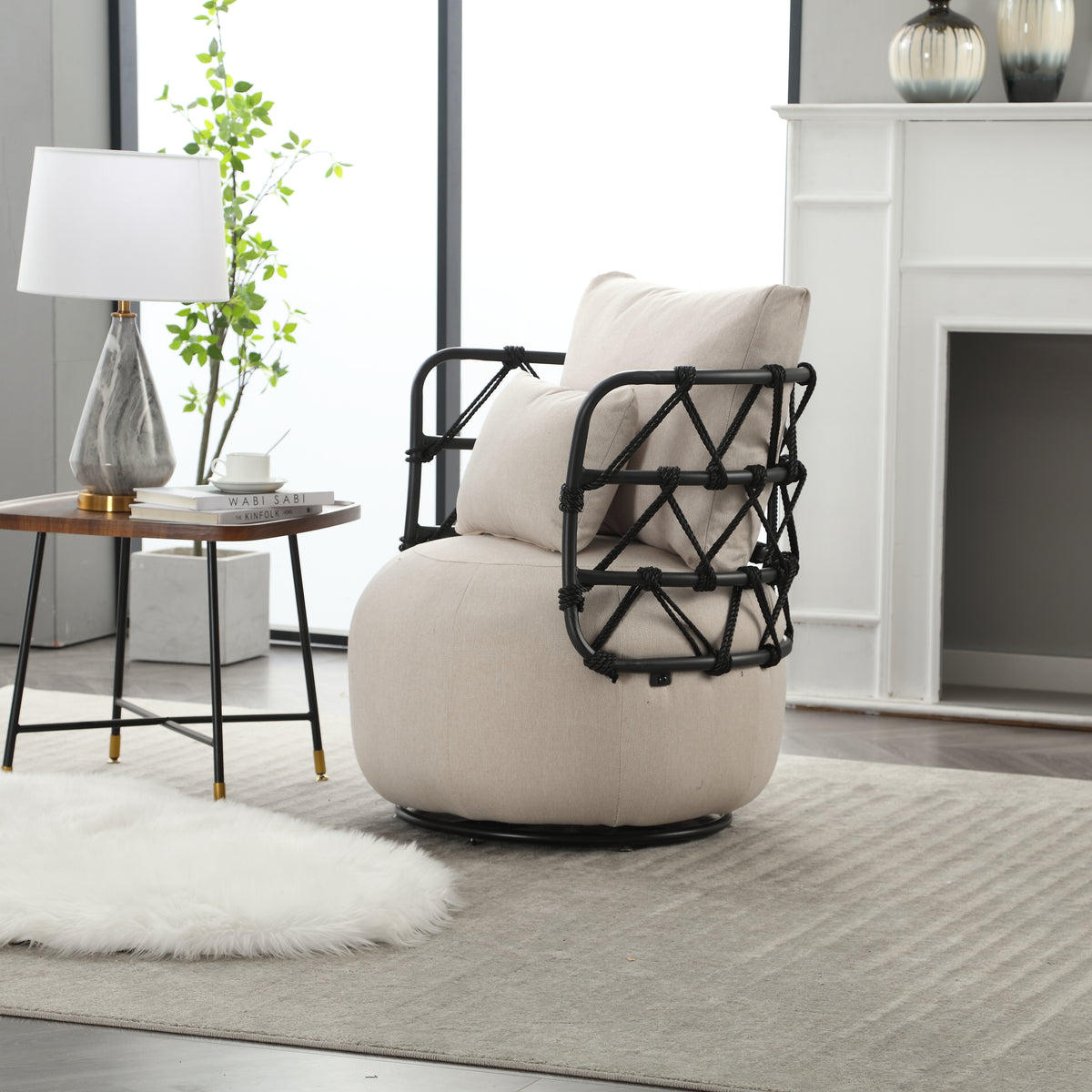 Tufted Linen Accent Chair – Metal Stand