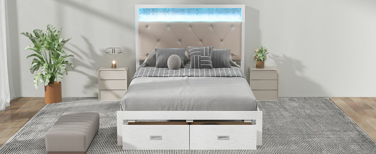 Full Platform Bed with LED Headboard White