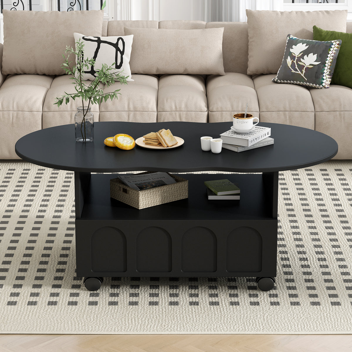 Cream Coffee Table with Storage Drawers – Black