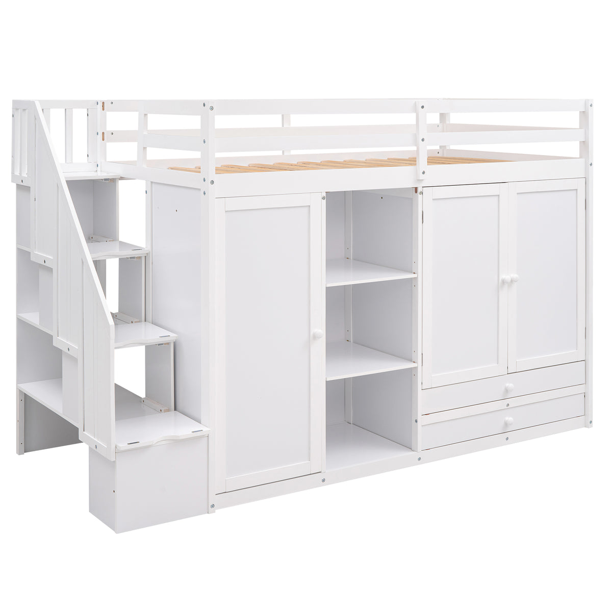 White Loft Bed with Storage and Ladder