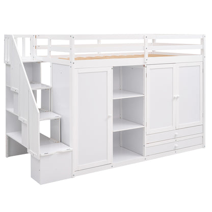 White Loft Bed with Storage and Ladder