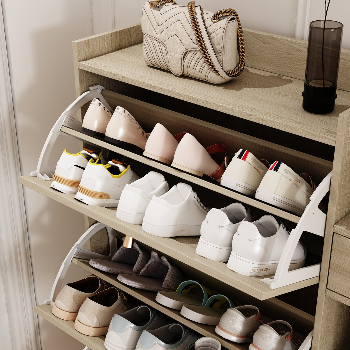 Bohemian Shoe Cabinet with Rattan Flip Drawers Natural