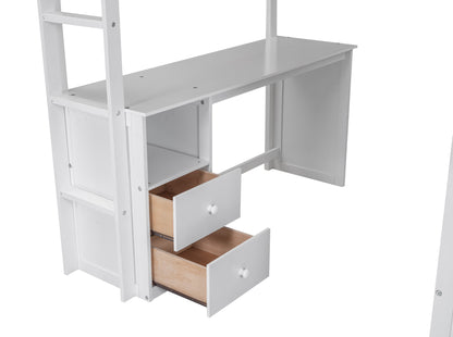 Full-Size Loft Bed with Wardrobe and Drawers White
