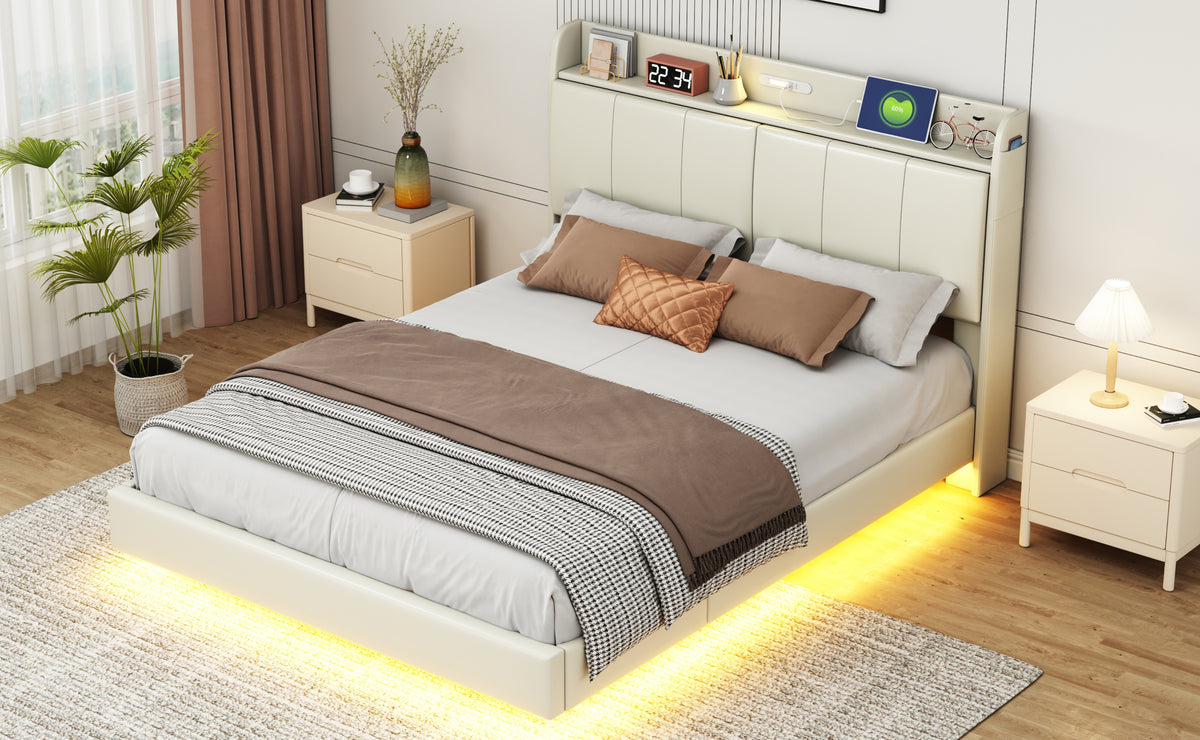 Platform Bed with Sensor Light and USB Beige