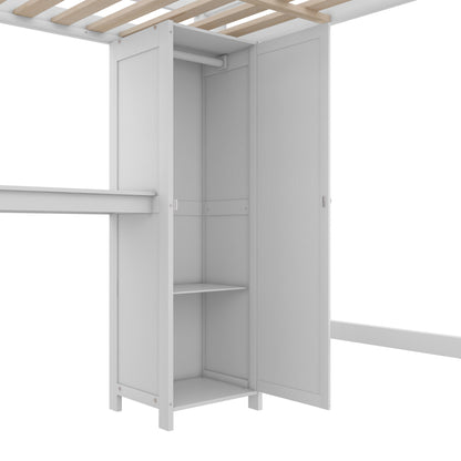 Wood Loft Bed with Bookshelf White