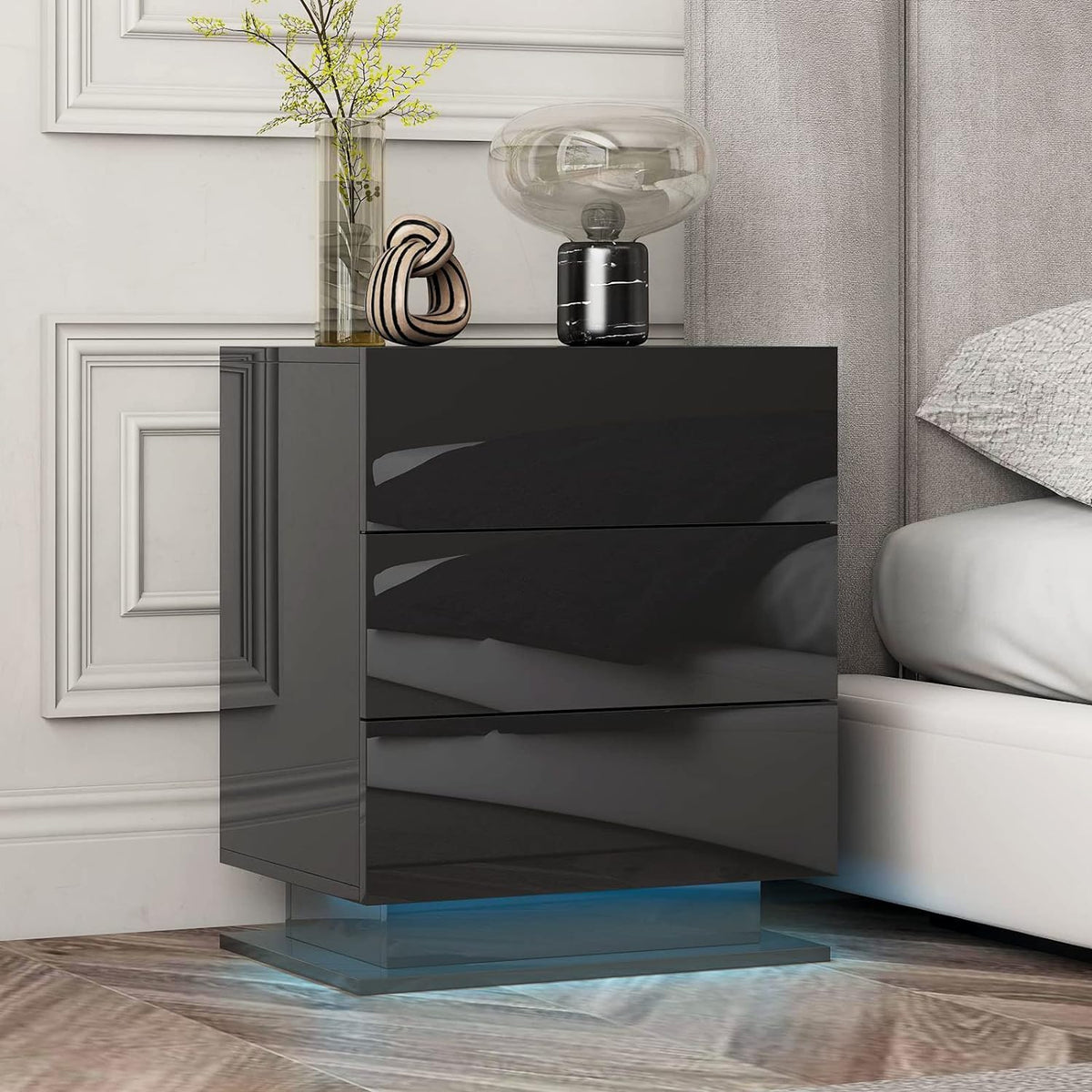 Black 3-Drawer Nightstand with RGB LED Lights – Modern Particle Board End Table with App Control
