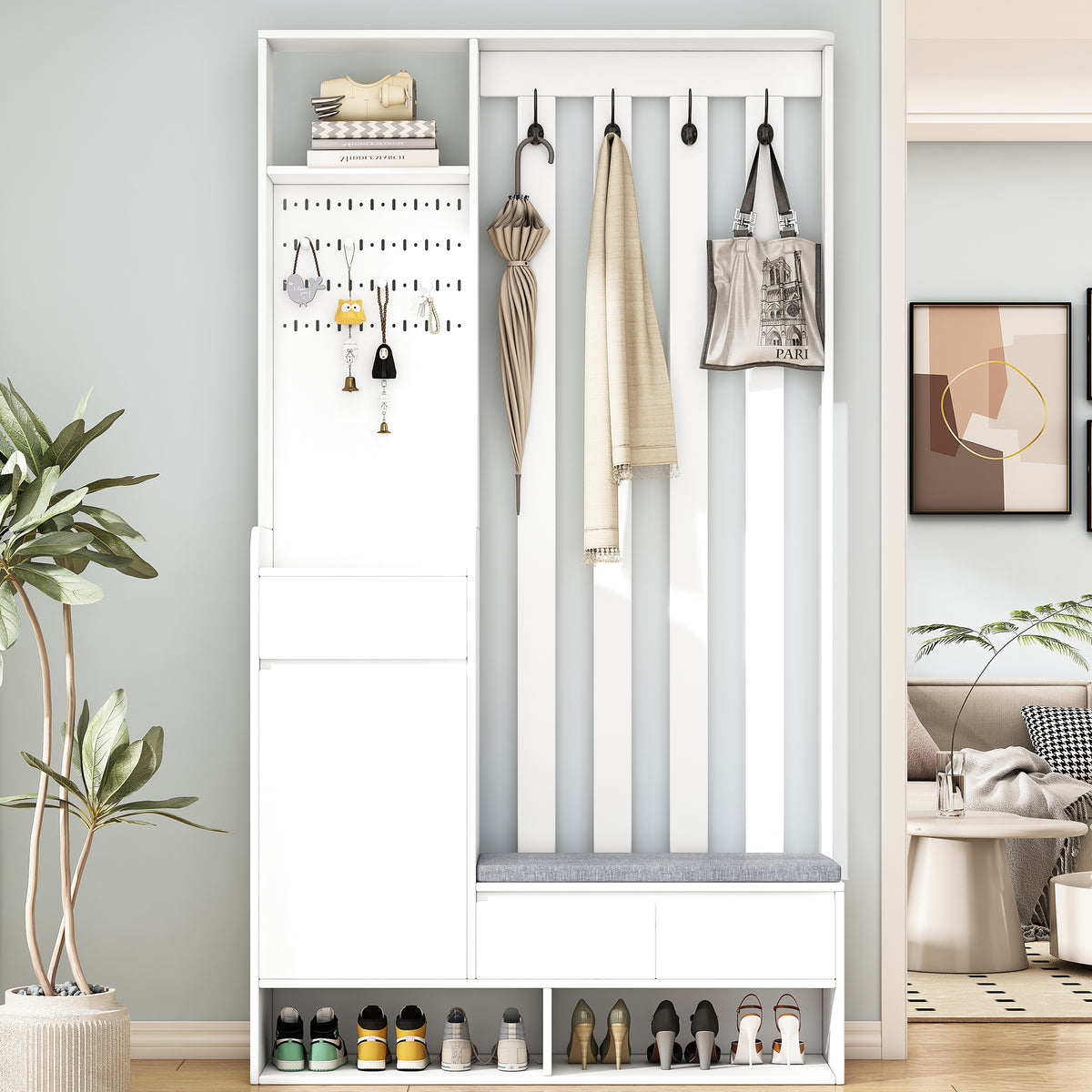 Hall Tree Shoe Cabinet – White Finish