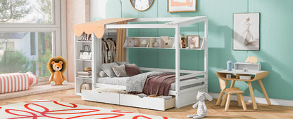 Twin House Bed with Wardrobe White