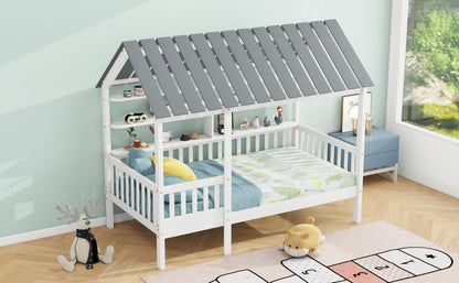 House Bed with Roof and Guardrails White
