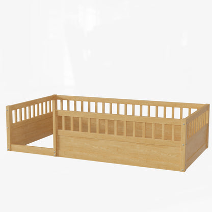 Natural Kids Floor Bed Frame with Fence