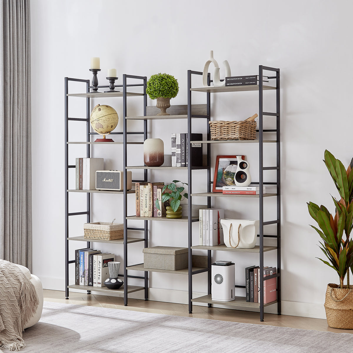 Triple Wide Industrial Bookshelf – Retro Wood & Metal