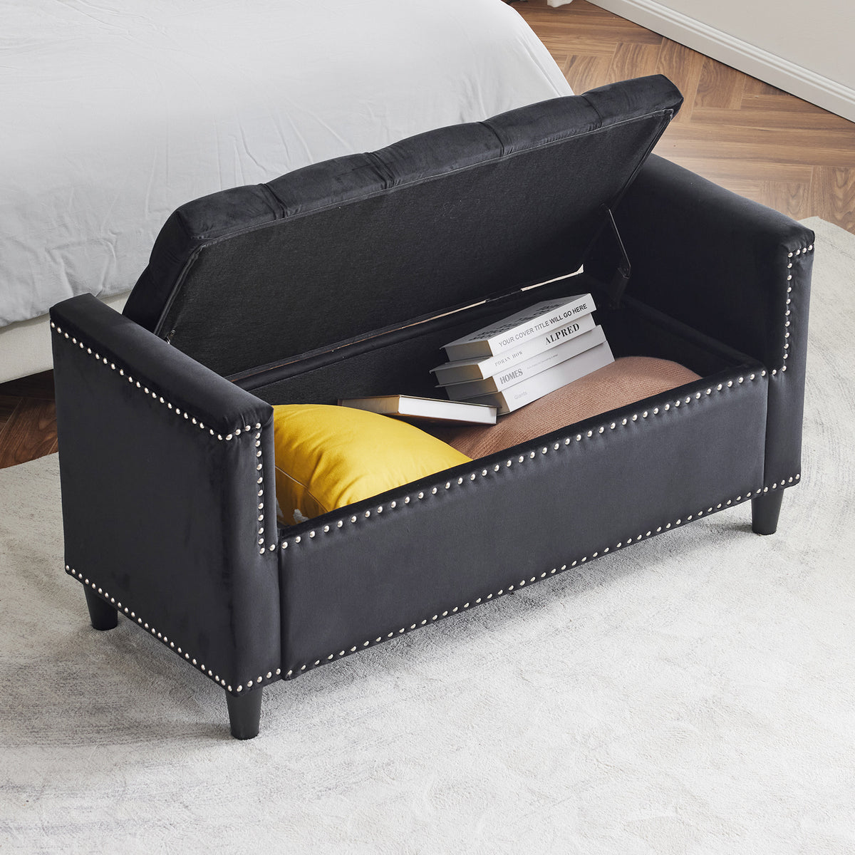 44-Inch Velvet Storage Bench with Armrests Black