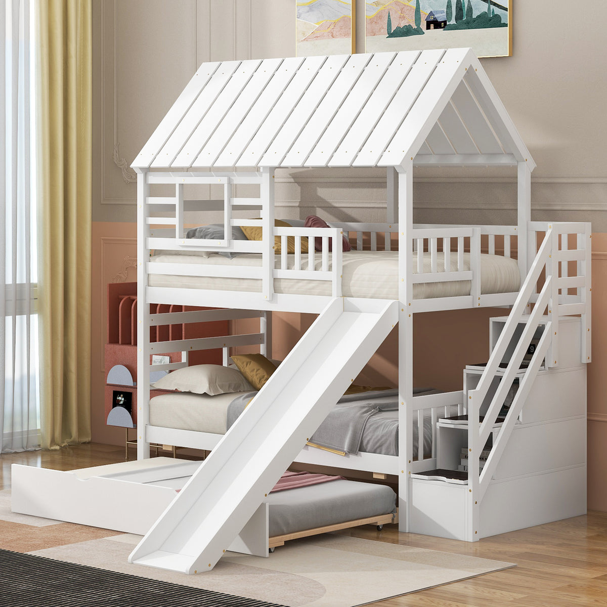 Twin Over Twin Bunk Bed with Roof Staircase White