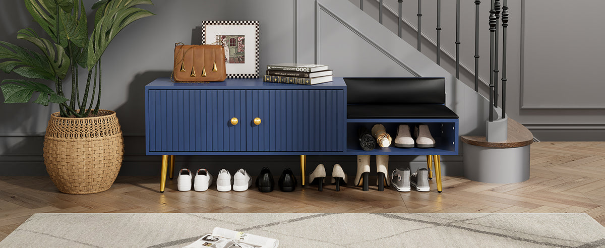 Modern Hidden Storage Bench Navy Upholstered Seat