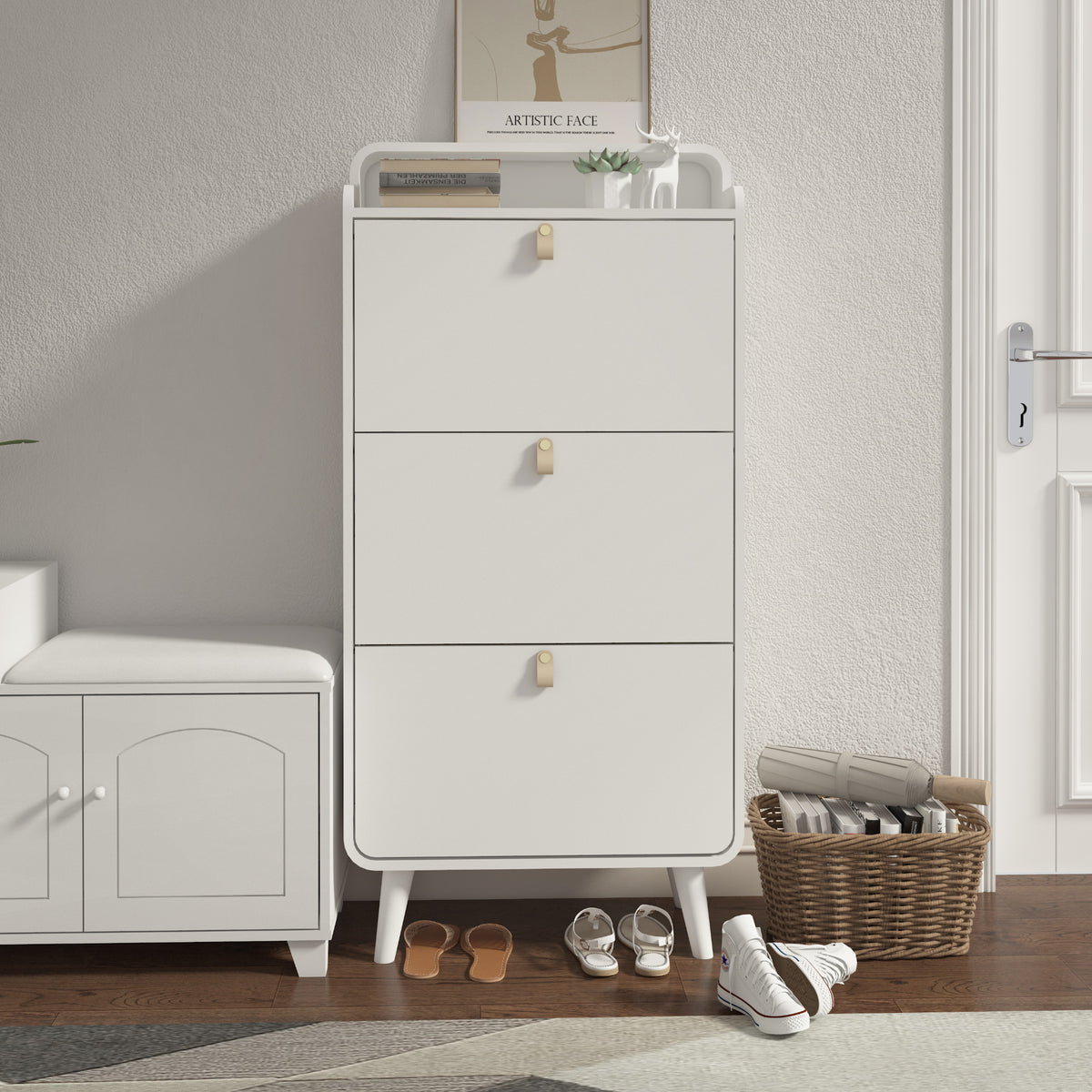 Modern Arc Design Shoe Cabinet White Finish