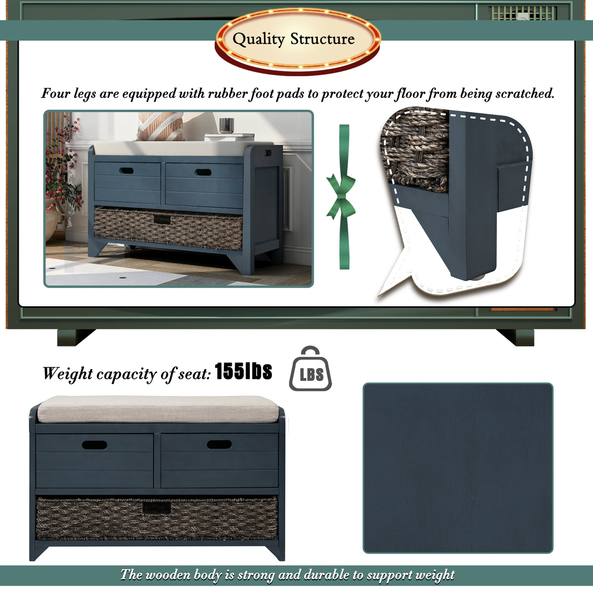 Navy Storage Bench with Rattan Basket