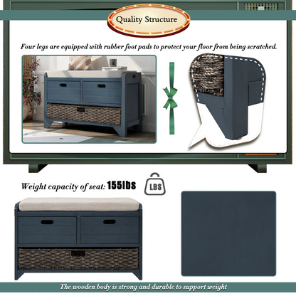 Navy Storage Bench with Rattan Basket