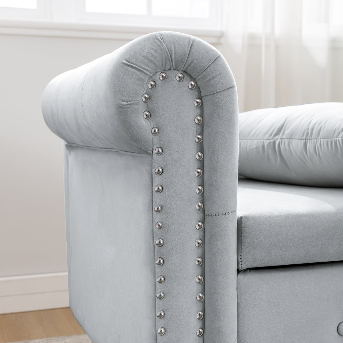 Grey Velvet Lounge Chaise – Modern Roll Arm
