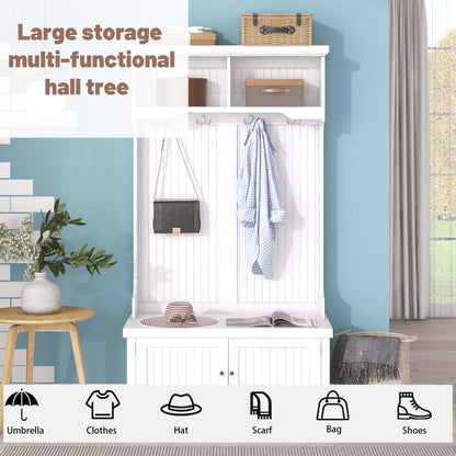White Hall Tree Bench with Coat Hooks