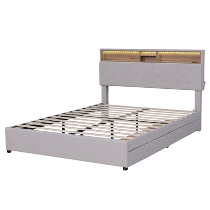 Queen LED Upholstered Storage Bed – Beige