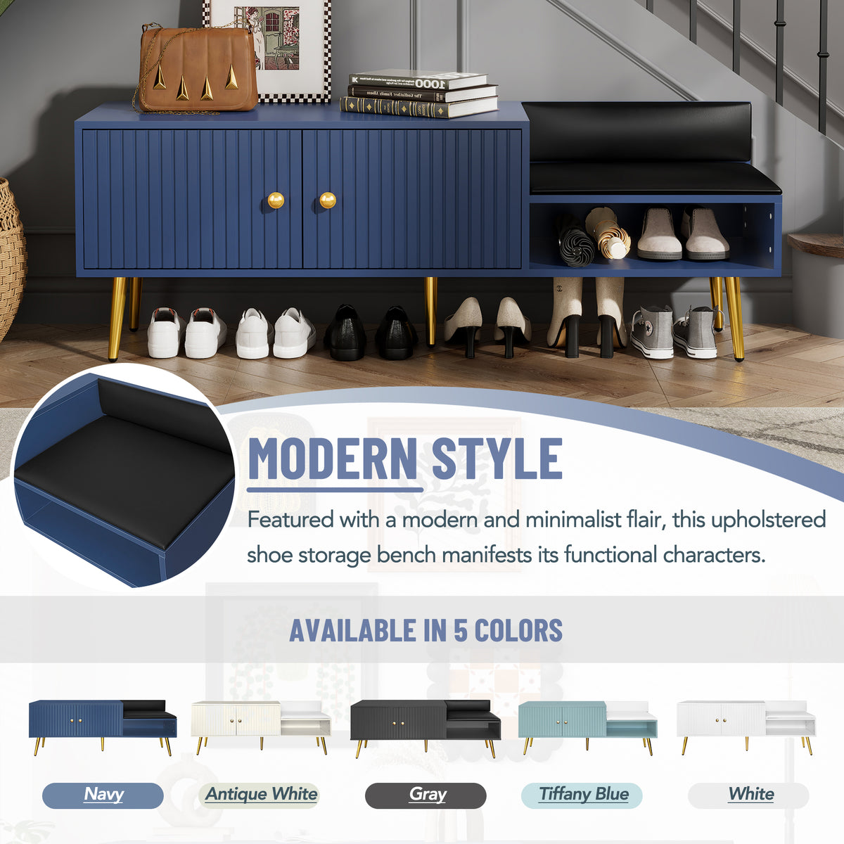 Modern Hidden Storage Bench Navy Upholstered Seat