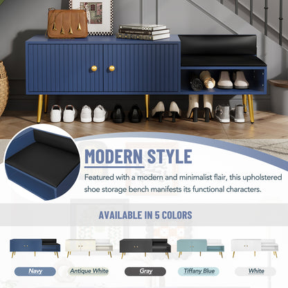 Modern Hidden Storage Bench Navy Upholstered Seat