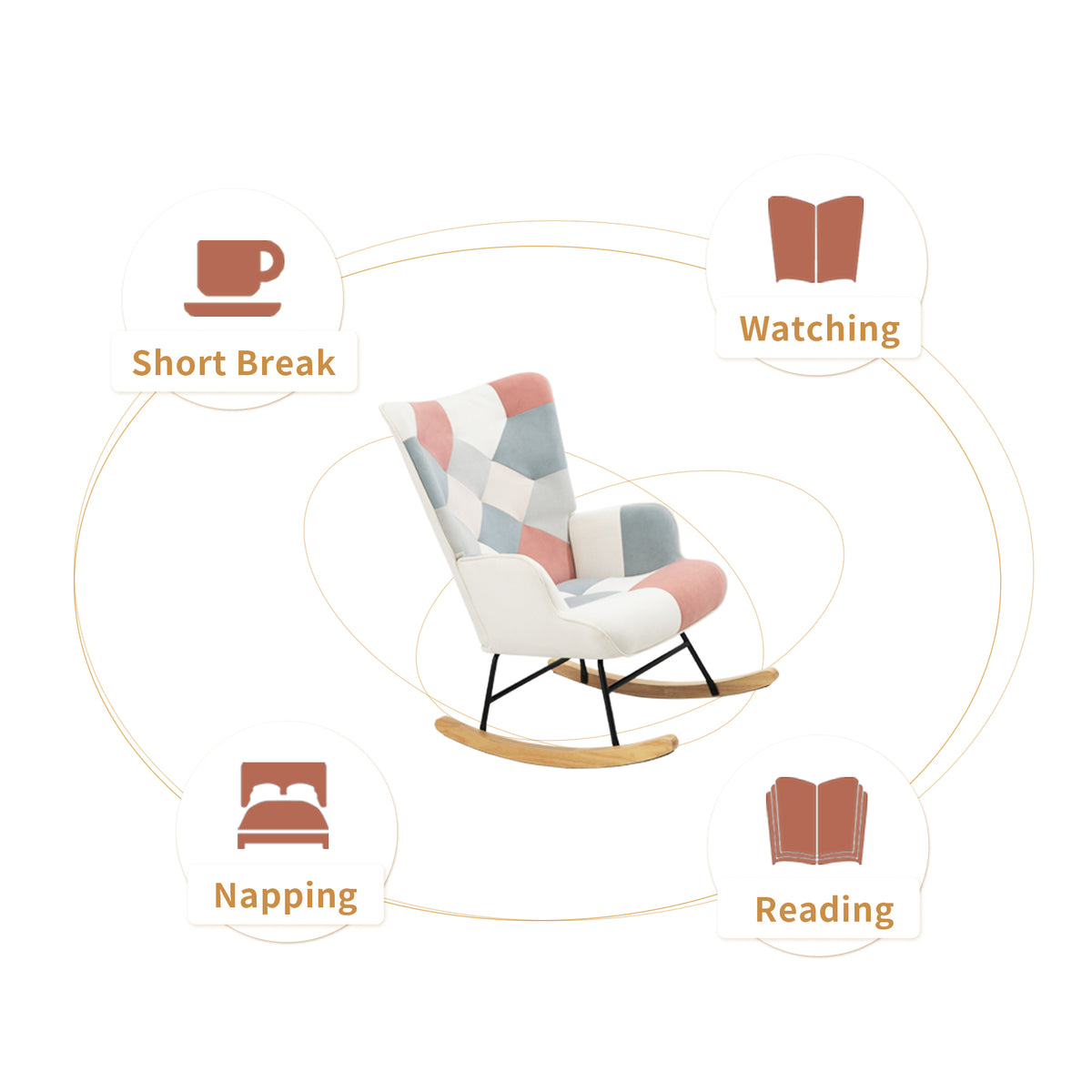 Mid-Century Patchwork Rocking Chair with Ottoman – Wood Legs