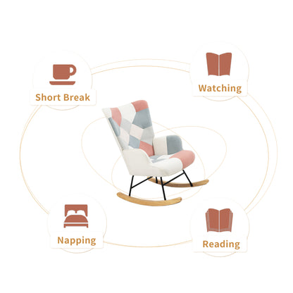 Mid-Century Patchwork Rocking Chair with Ottoman – Wood Legs