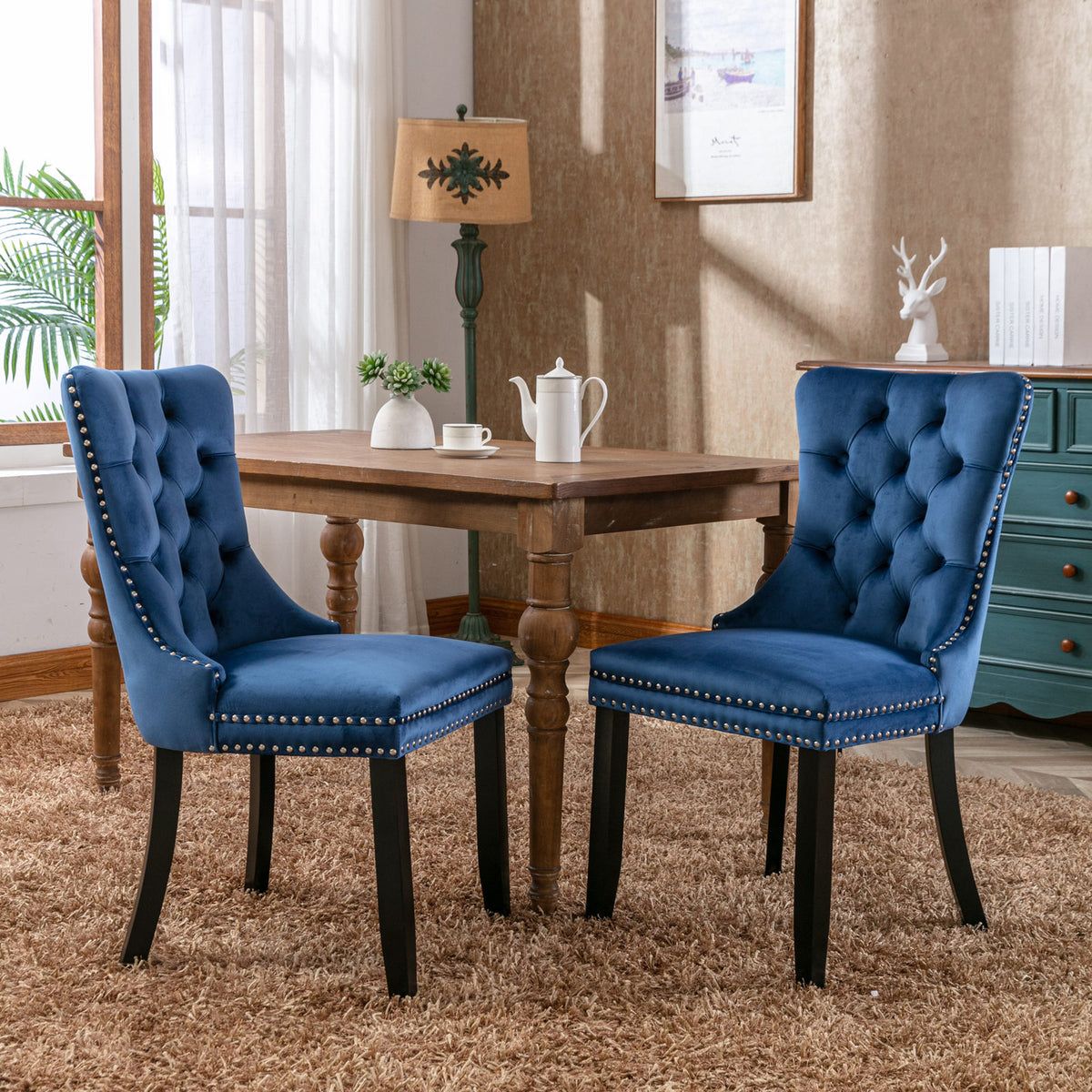 Tufted Velvet Dining Chair Set (2 pcs) – Blue